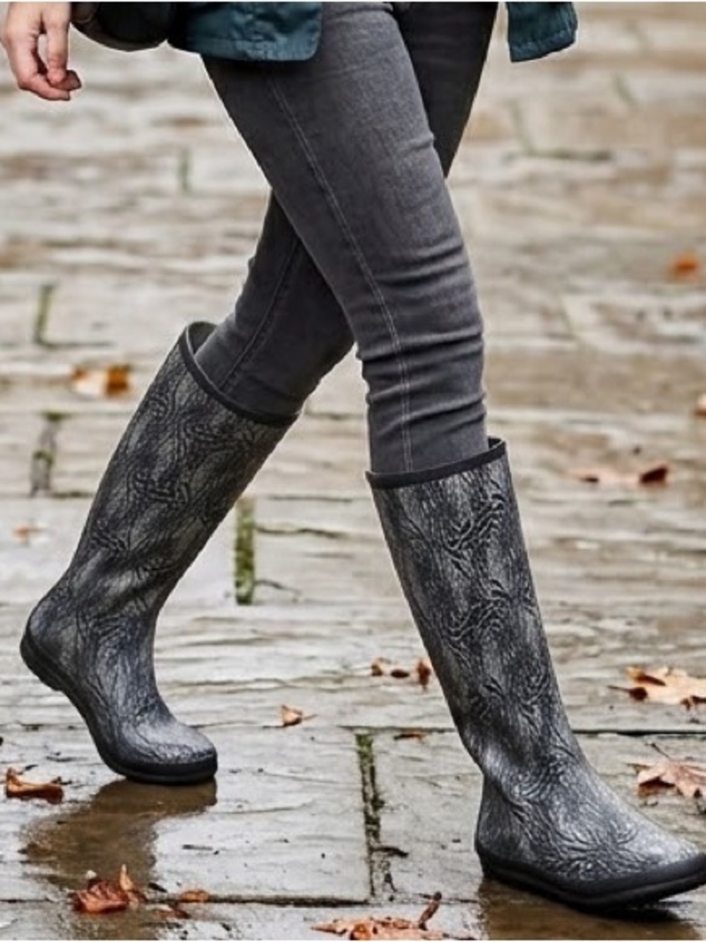 Women Tall Rain Boots Black Gray Animal Print Waterproof Rubber Size 8.5 - 39